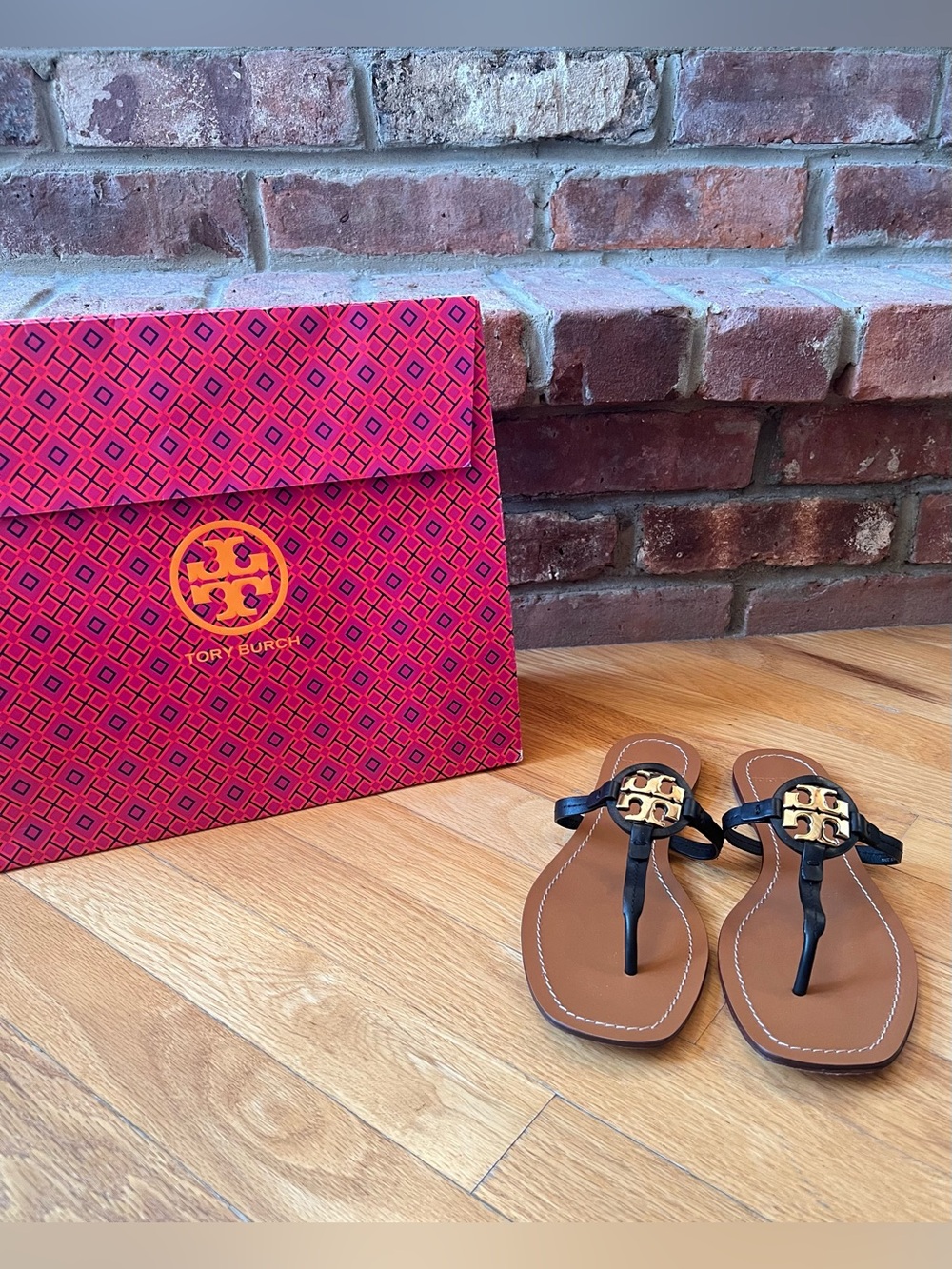 Tory Burch Black & Gold Mini Miller Leather Sandals